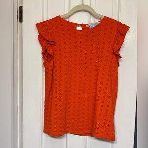 Draper James Orange Eyelet Ruffle Sleeve Top size Small